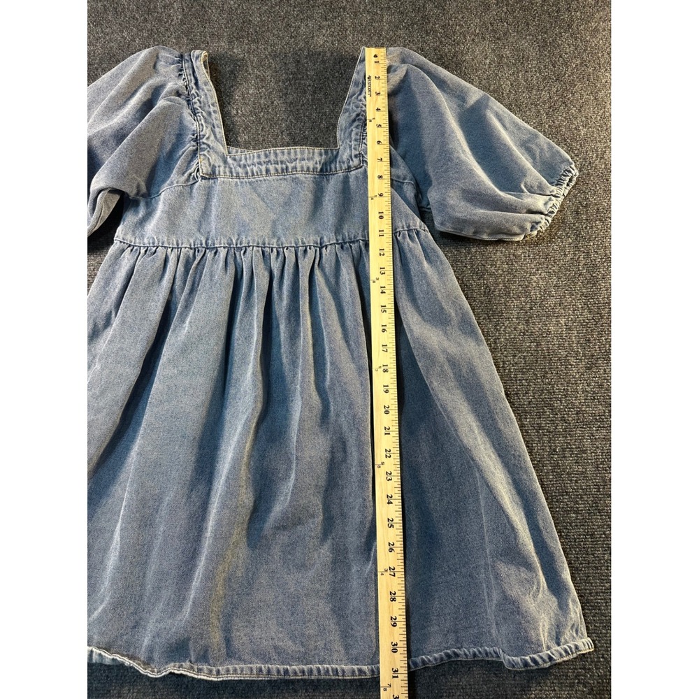 Rylee + Cru Denim Puff Sleeve Babydoll Dress Square Neck Blue Medium BOHO - Picture 4 of 8